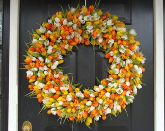Mini Tulip Spring Wreath- 28 inch Tulip Wreath- Spring Wreath for Door (16-24 inch Sizes Also Available)- Summer Wreath