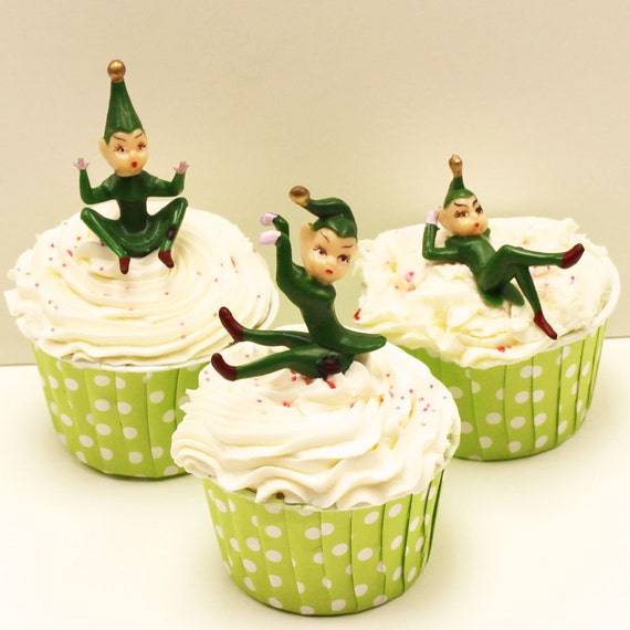ELF Pixie Cupcake Toppers, 6 Pixie Elves, Elf Cupcake Decoration, Christmas Elf Cupcake Topper, Pixie Cupcake Pick, Green Elf Cupcake Topper Il_570xn