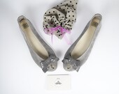 Handmade Gray Peep Toe Ballet Flats Shoes with Exotic Leather Bows