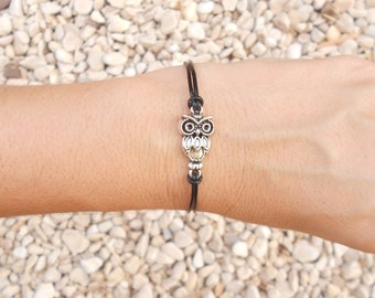 Silver owl bracelet, Leather silver bracelet, Gift for her