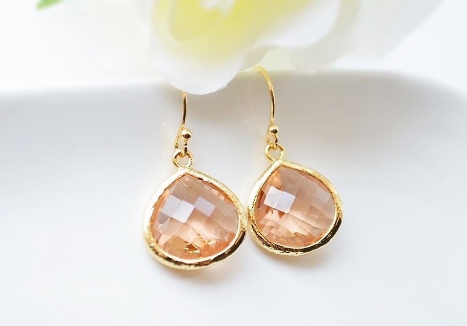 Champagne glass earrings in gold Peach earrings Bridesmaid