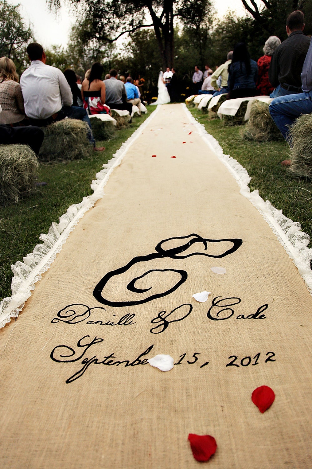 20ft Lace Burlap Wedding Aisle Runner with Custom Monogram