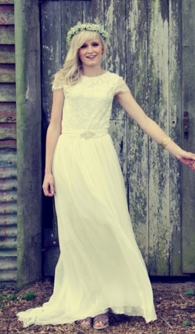 Stunning boat neck lace wedding dress with beautiful capped sleeves and dreamy soft silk chiffon skirt