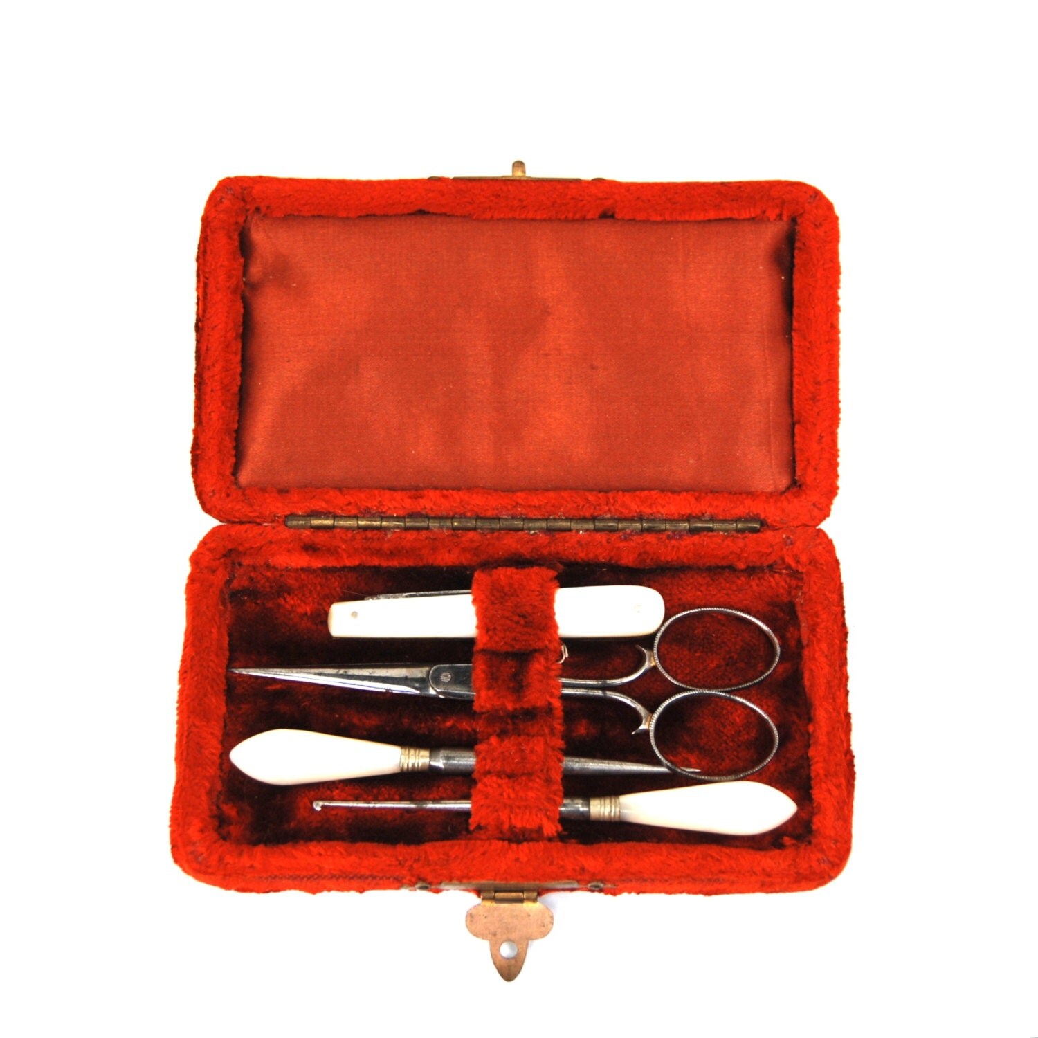 Antique Sewing Kit ORANGE RUST Velvet Lined Cased by NouveauMotley