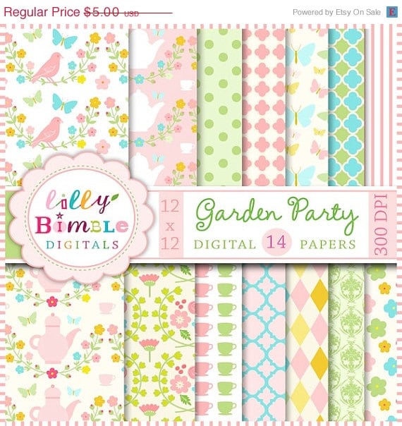 50% off Garden Party digital papers for scrapbooking, cards, invites, flowers, paper, printable download Il_570xn