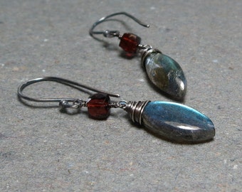 Labradorite Earrings Garnet Geometric Jewelry Oxidized Sterling Silver Earrings January Birthstone Gift for Her