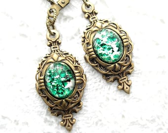 Green Glass Opal Antiqued Brass Dangle Earrings