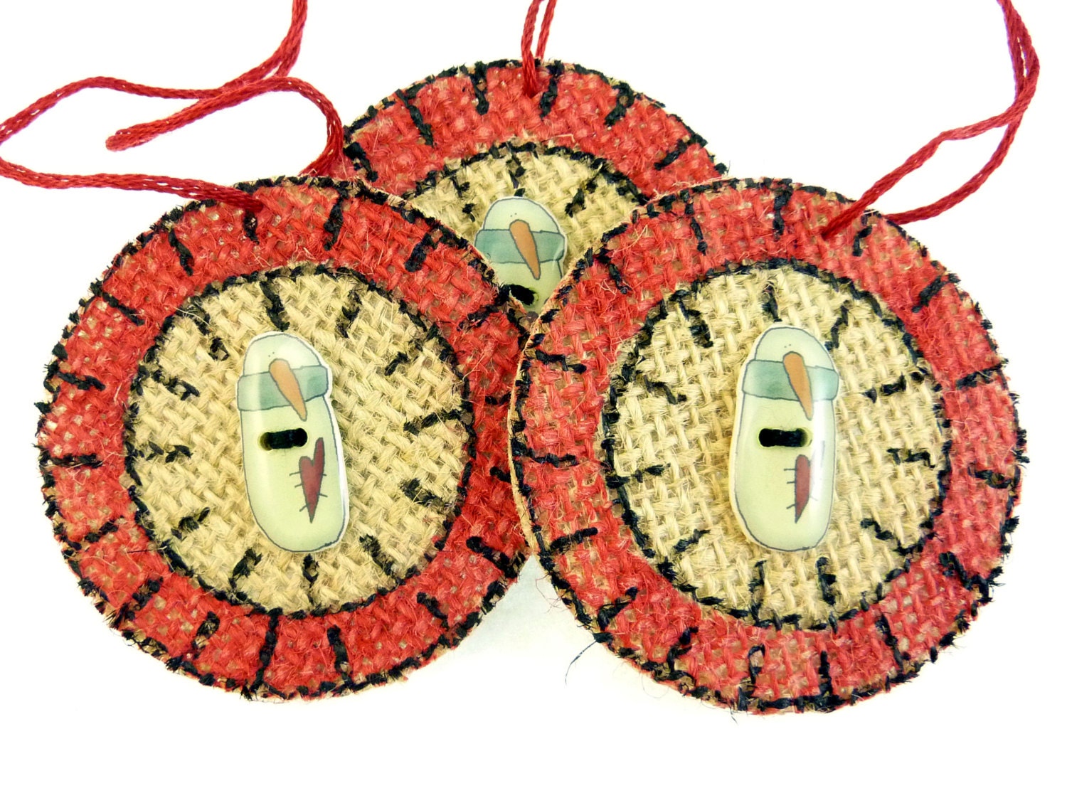 3 Primitive Penny Rug Snowman Ornaments or Decorations. Painted Christmas Burlap Ornament.