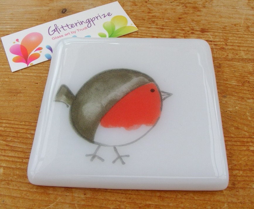 Christmas Robin Fused Glass Coaster UK
