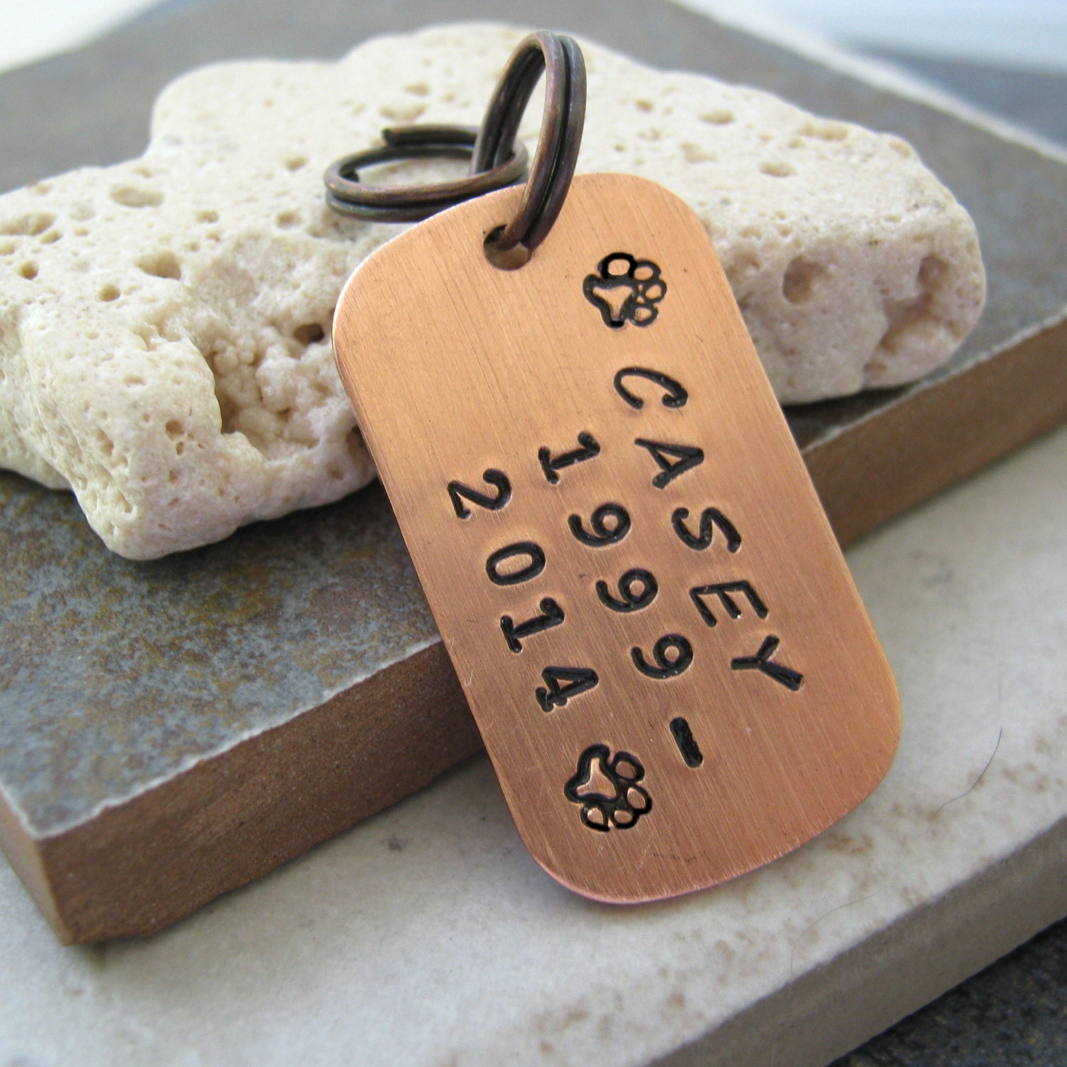 Personalized Memorial Pet Name Tag Tiny Copper Dog Tag split