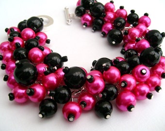 Hot Pink and Black Beaded Bracelet, Pearl Jewelry, Cluster Bracelet, Pearl Bracelet, Bridesmaid Gift, Pink Wedding - Jewelry By Kim Smith