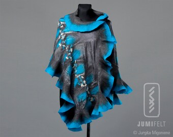 Felt Scarf - Wavy ruffled Shawl - Grey and Turquise - Handmade wool and silk