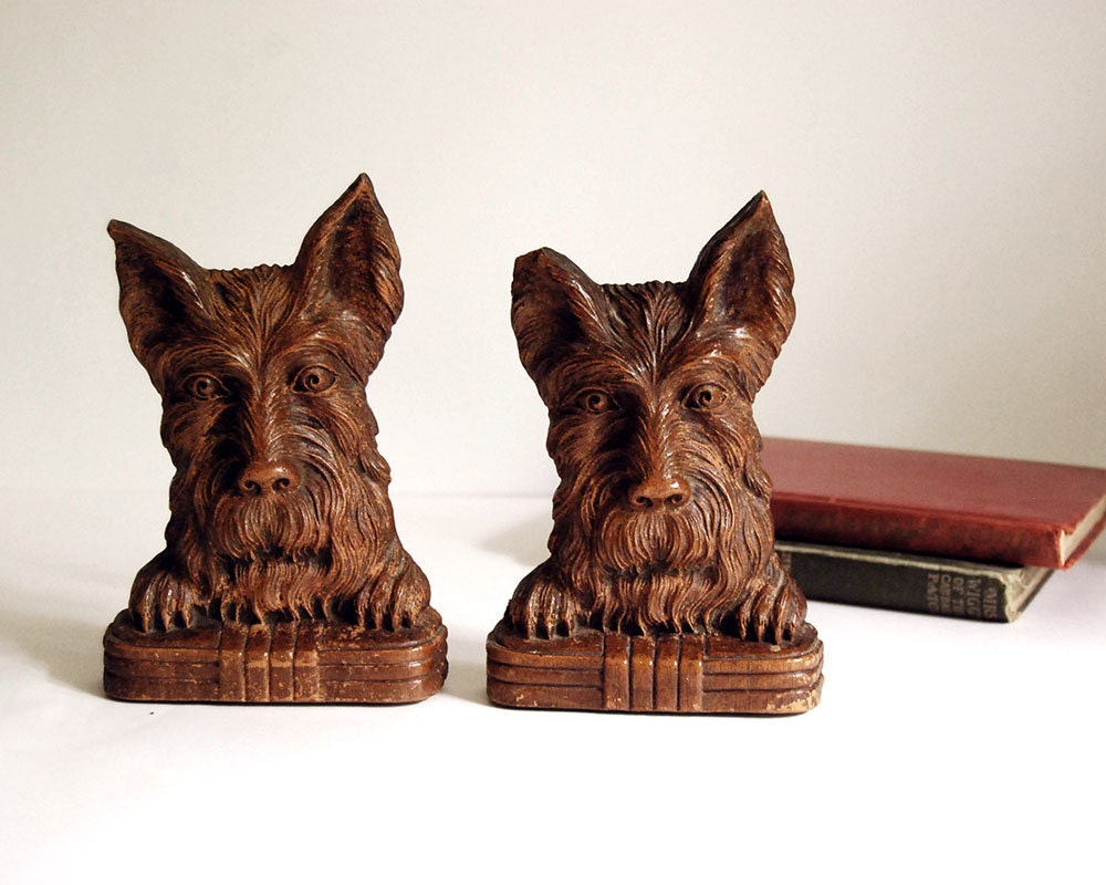 Vintage Bookends Scottie Dog Ornawood Brown Faux by CalloohCallay