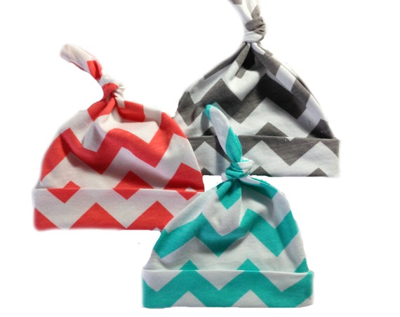 Set of 3 top knot hats for girls Coral, Aqua, Grey