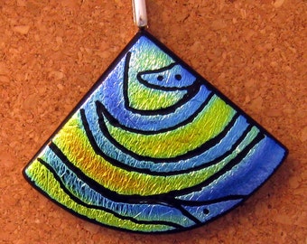 Hand Etched Pendant - Dichroic Pendant - Fan Shaped Pendant - Fused Glass Pendant - Fused Glass Jewelry - Dichroic Jewelry