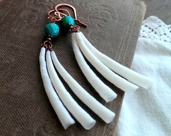 Turquoise and dentalium shell earrings - hand forged copper earrings