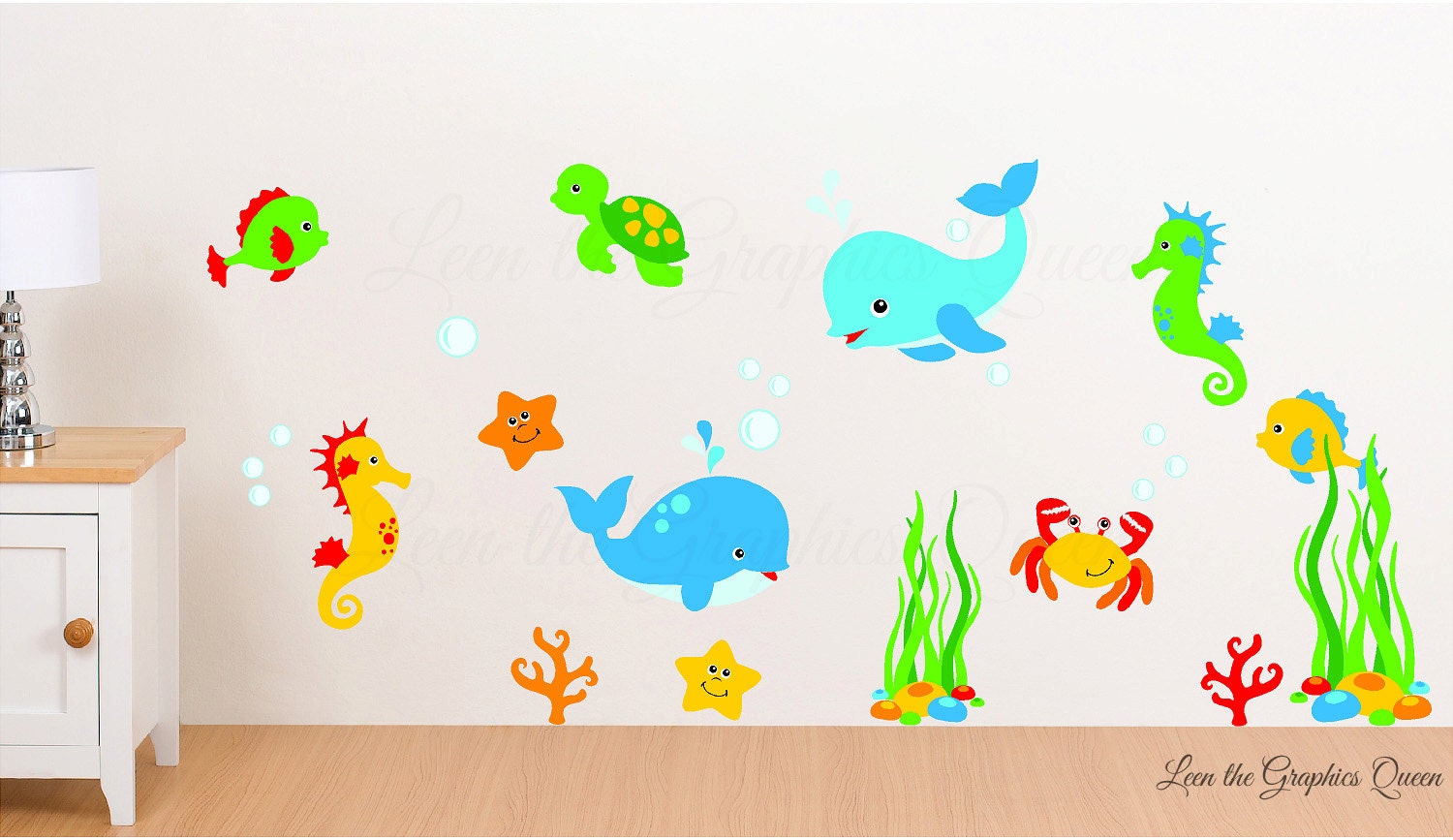 Sea Animal Wall Decal Reusable Whale by LeenTheGraphicsQueen