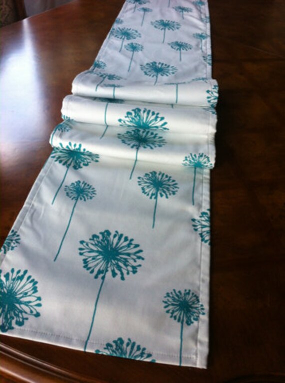 Turquoise and white table dandelion table runner 12" x up to 96" long- ready to ship