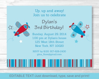 Cute Airplane Birthday Invitation / Airplane Birthday Invite / Blue & Red / Any Age / INSTANT DOWNLOAD Editable PDF Any Age