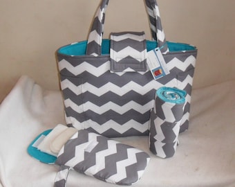 Large Gray Chevron Diaper Bag Set with Changing Mat and Diaper Clutch