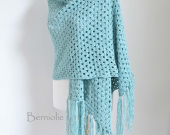 Lace crochet shawl, stole, cotton chenille, Sea blue, K54