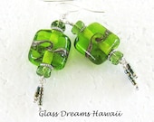 Apple Green Glass Earrings - Lampwork Glass Dangle Earrings - Hawaii Handmade - Artisan Bead Jewelry - Stunning Drop Earrings