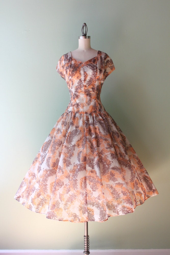 1950s Sheer Dress / Vintage 50s Party Dress / 50s Sheer Full Skirt Floral Burst Dress