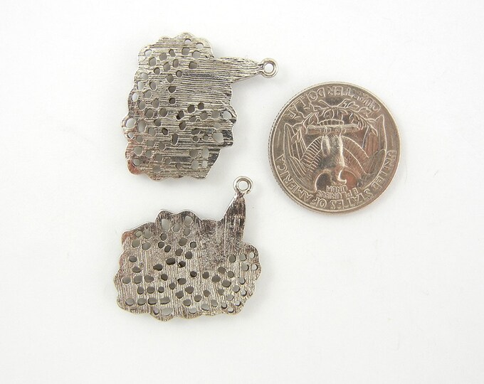 Antique Silver-tone Cross Hatch Leaf Charms Rhinestones Pair