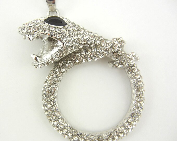 Silver-tone Rhinestone Encrusted Snake Pendant with Black Rhinestone Eye