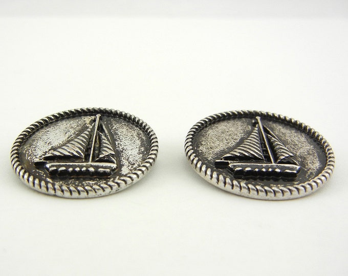 Pair of Double Link Antique Silver Round Sailboat Charms