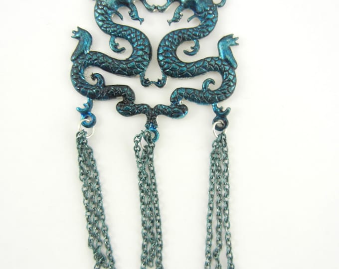 Double Link Turquoise Blue Washed Silver-tone Chinese Dragons Pendant with Tassels