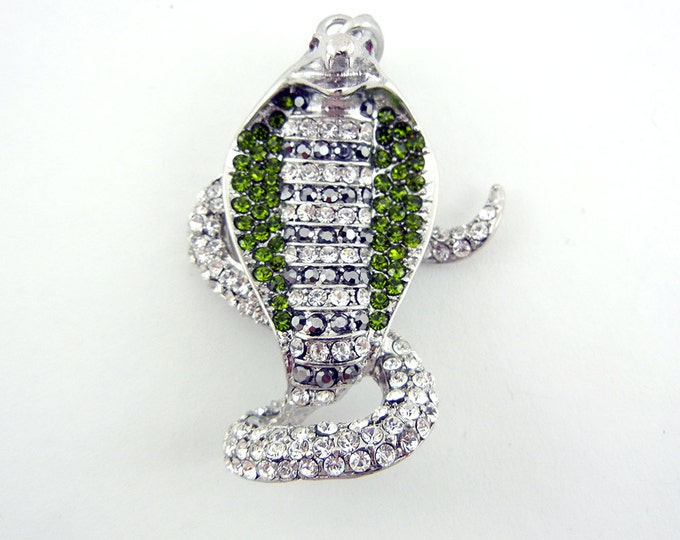 Large Cobra Snake Pendant Silver-tone with Green, Hematite and Clear Rhinestones