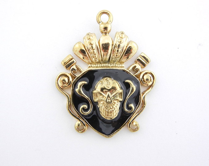 Gold-tone Metal and Black Enamel Skull Shield Pendant