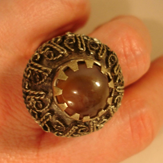 vintage tribal ethnic dome ring with smokey brown stone