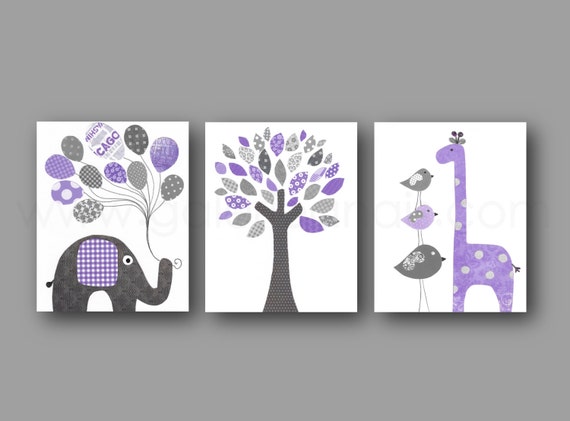 Purple gray Nursery Art Baby Girl nursery Decor Children's Art kids Wall art elephant Nursery tree BirdGiraffe nursery - Set of three prints by GalerieAnais