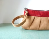 Wristlet clutch in Cranberry Red with Brown Burlap Linen - Wrist Wallet