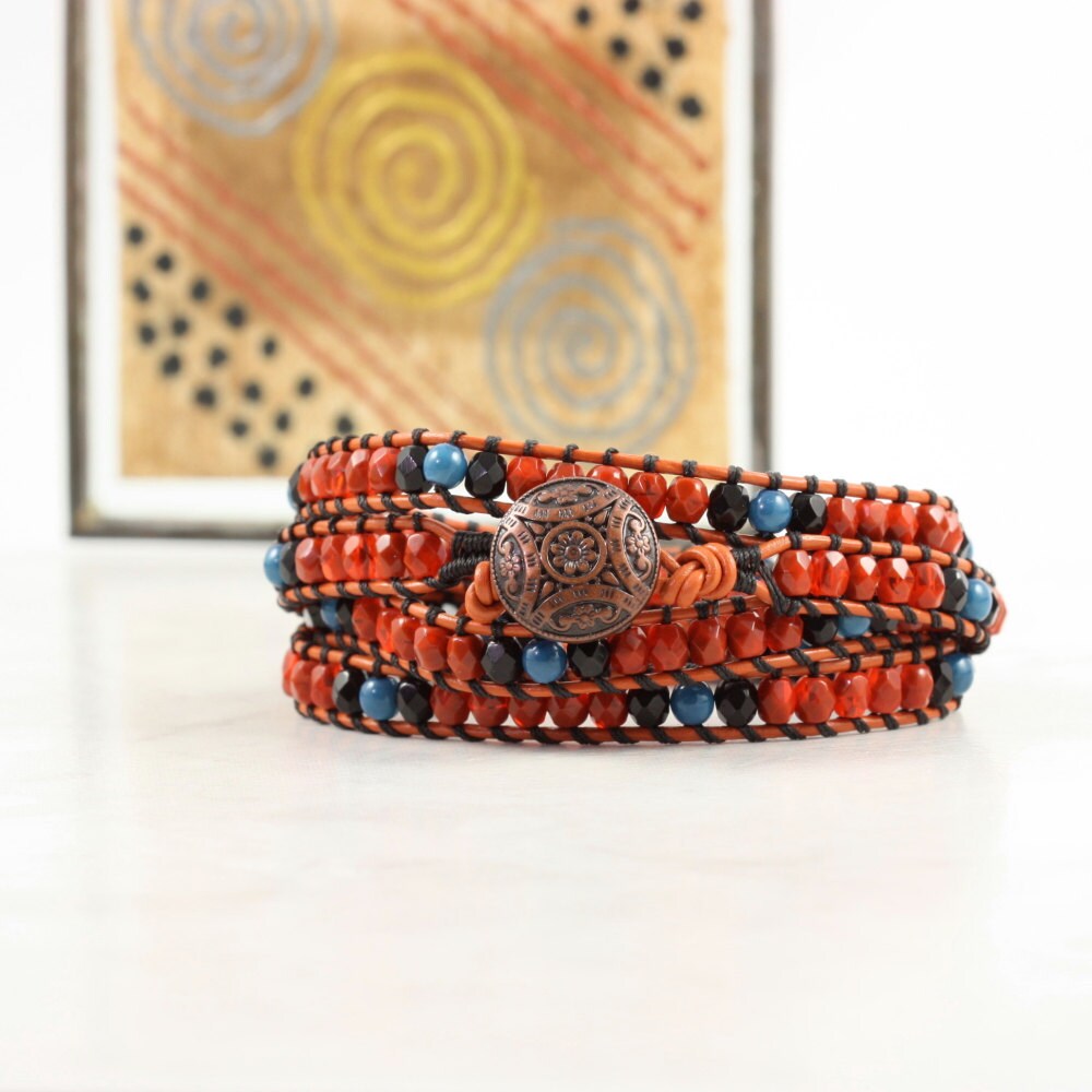 Paprika Bracelet Caramel Leather Wrap by AbacusBeadCreations