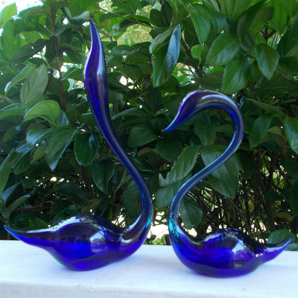 Set Of Two Hand Blown Cobalt Blue Glass Swans