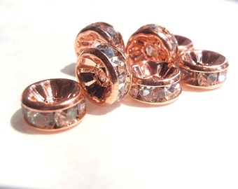 12 (8mm) Crystal Rhinestone Straight Rondelle Spacer Beads, Rose Gold Metal, Jewelry making Bead Supply, Brass, Grade AAA, Lead, Nickel Free