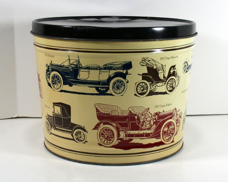 Vintage Large Metal Storage Tin Antique Cars Design Bertels