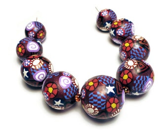 Set of Nine Handmade Polymer Clay Beads Round Maroon Gold Microglitter Canework Graduated Sizes Supplies
