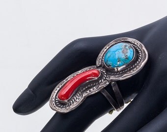 Turquoise & Coral Ring - 70s Navajo - BIG Sterling Signed - sz 6 1/4