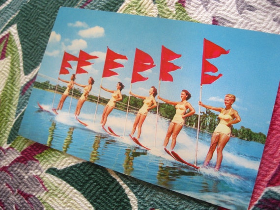 Vintage Cypress Gardens Florida Aqua-Maids postcard - 6 girls on water skis - 1940s