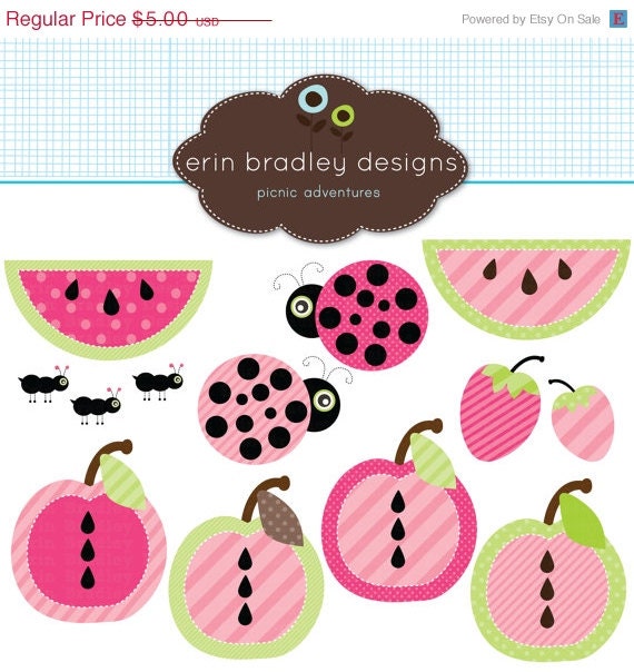 50% OFF SALE Ladybug Picnic Clip Art Commercial Use Watermelon Apples and Ants Clipart Il_570xn
