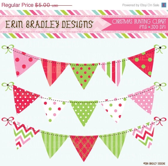 50% OFF SALE Christmas Bunting Banner Flag Clipart Commercial Use Clip Art Graphics INSTANT Download Il_570xn