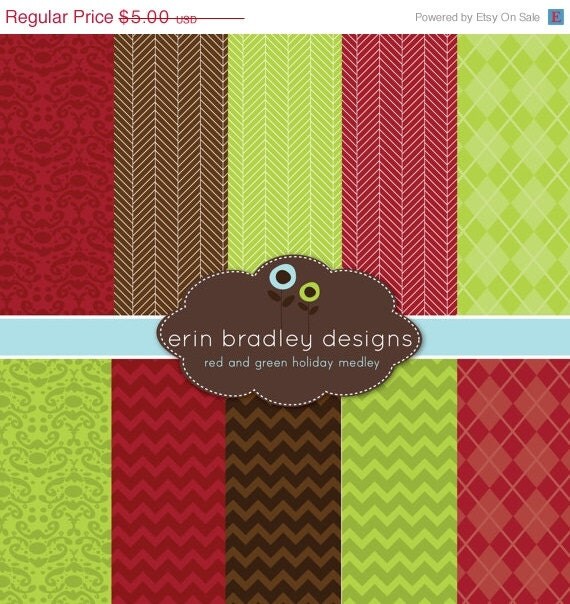 50% OFF SALE Digital Scrapbook Papers Personal and Commercial Use Colorful Red and Green Holiday Medley Il_570xn