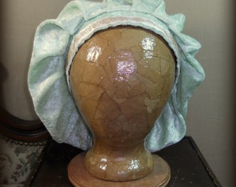 Mint Renaissance Muffin Cap - Medieval Caul - Light Green Crushed Velvet Beret, Floppy Hat With Embroidered Trim - SCA, LARP