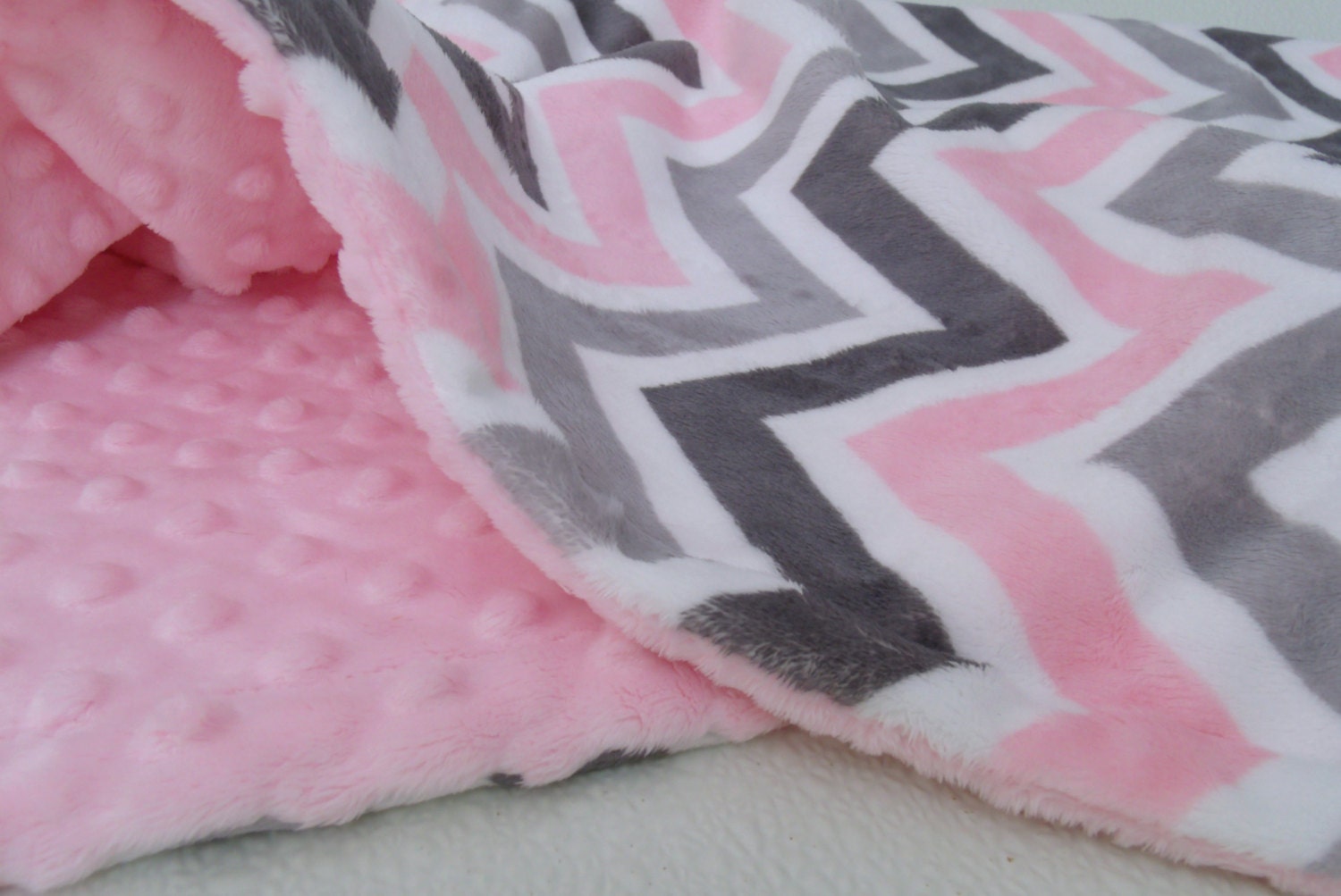 Pink and Gray Chevron Minky Blanket for baby or adult Can Be