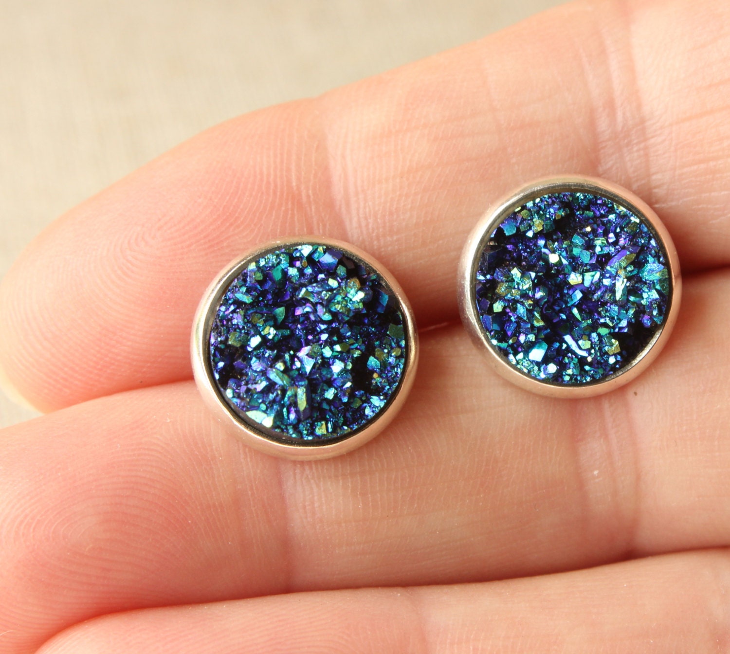 Druzy STUDS or Druzy CLIP on earrings Blue Drusy Earrings