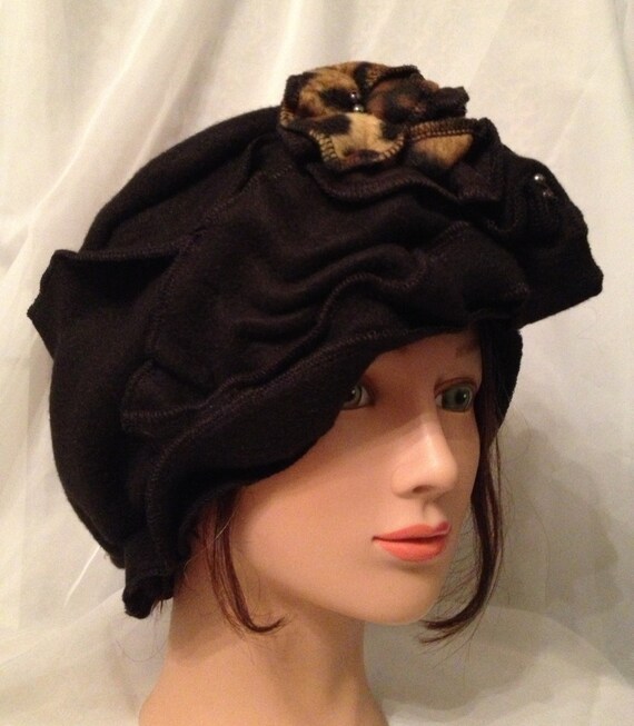 Ladies women black winter hat fleece hat "Black night " warm hat designer hat